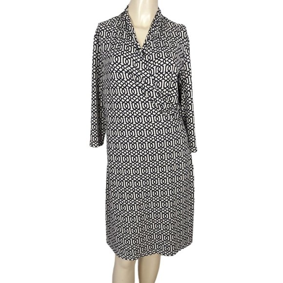 J. McLaughlin 3/4 sleeve black‎ cream abstract faux wrap dress M - Picture 1 of 10